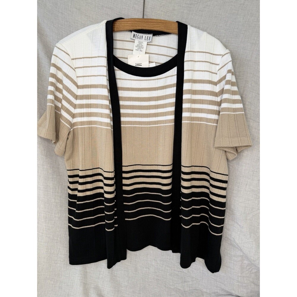 Megan Lee Layered Cardigan Top Women's Size 18W White Black Tan Twofer One Top
